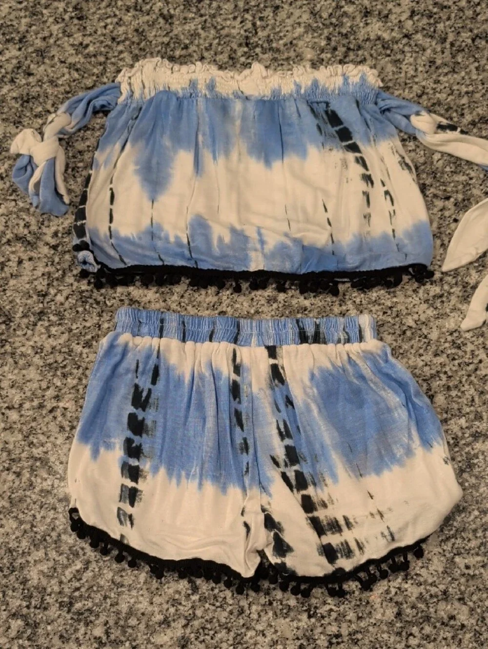 Blue & White Tie-Dye Pom Trim Two-Piece Set